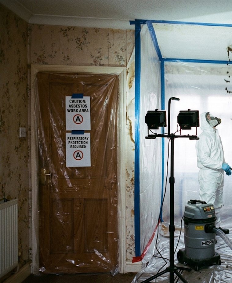 Warning signs on a sealed door at an asbestos work area