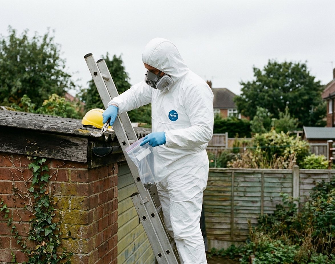 Operative on a ladder sampling an old garage roof