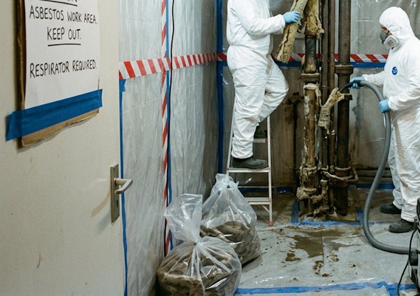Double-wrapped waste bags inside a sealed work area